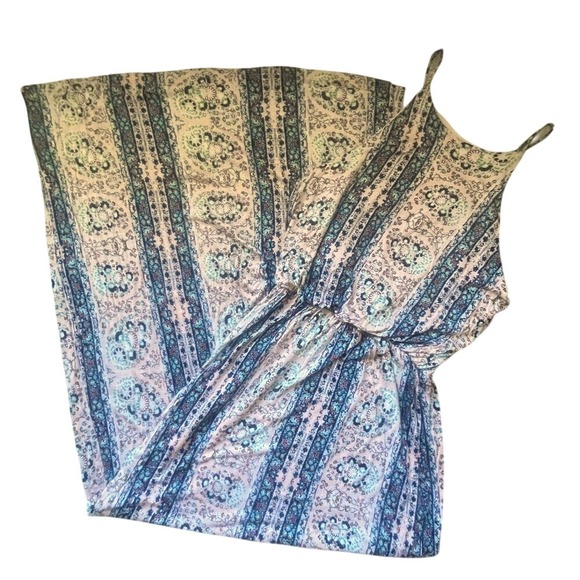 LUSH Boho Indie Print Pattern Empire Long Maxi Dress W Side Leg Slit-Size Large - Picture 1 of 16